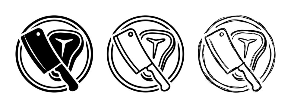 Butcher Icons: Meat Cleaver and Steak Set, Black and White Vector Graphics for Food Service