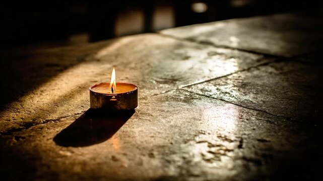 A lit candle casts a long shadow on a wet, textured surface, bathed in low-key lighting