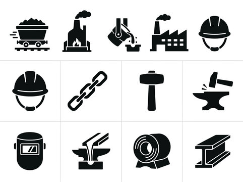 Minimal flat silhouette iron manufacturing icon pack featuring steel girder, iron ore cart, smelting furnace, metal sheet roll, industrial hammer, welding mask, steel chain, foundry ladle