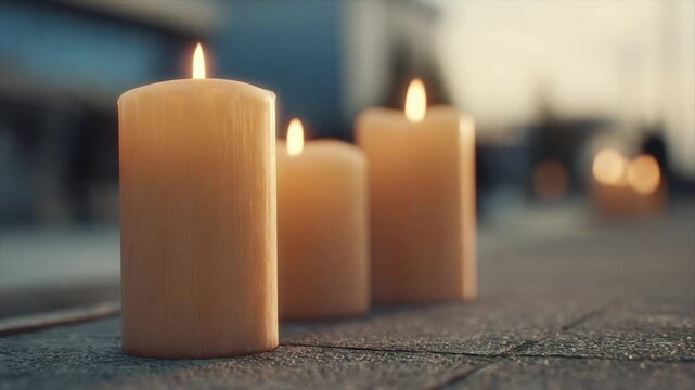 Three lit wax candles in varying heights, set on a textured surface, blurred background