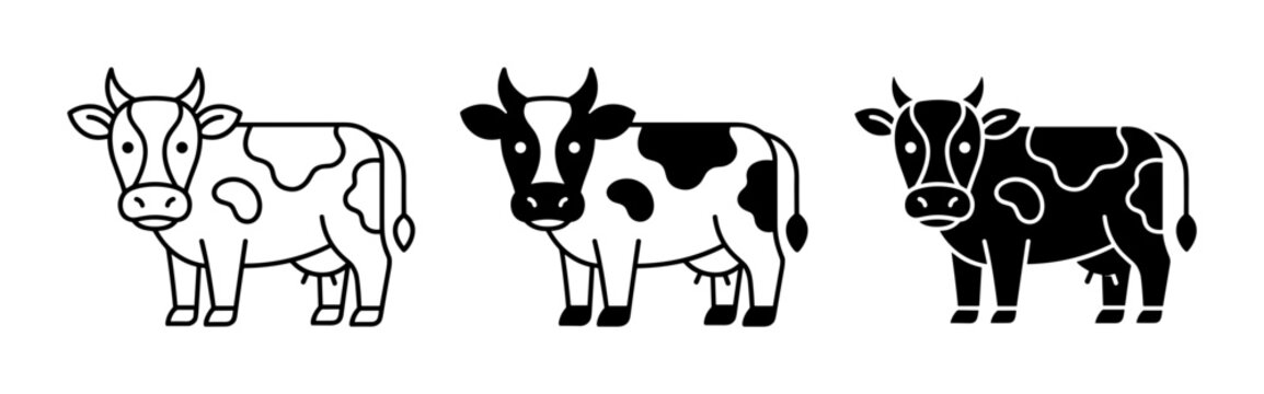 Three Cartoon Cow Icons: Outline, Black and White, and Silhouette Vector Art