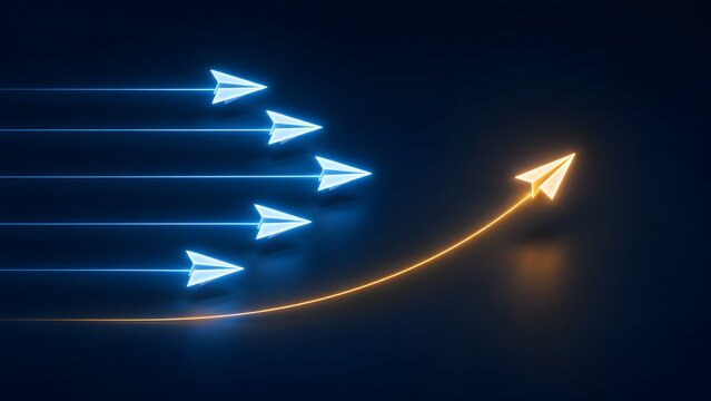 Unique business strategy concept with glowing yellow paper airplane changing direction from blue planes symbolizing innovation and distinct vision