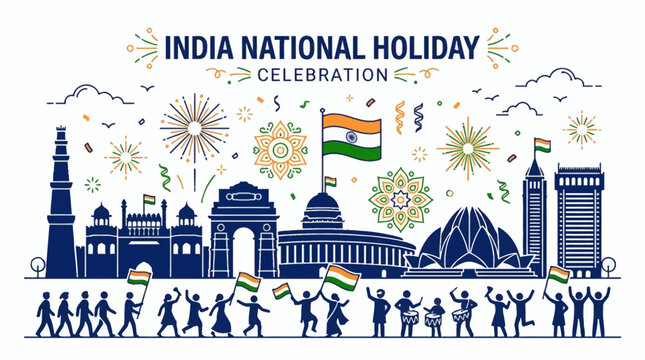India National Holiday Celebration with People and Landmarks.