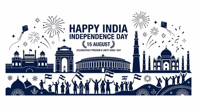 Happy India Independence Day Celebration with Iconic Landmarks.