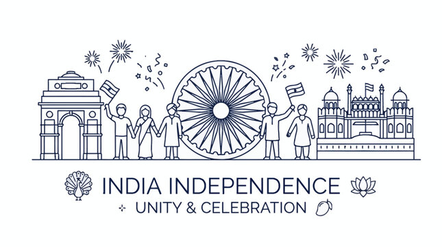 India Independence Unity Celebration People Landmarks Ashok Chakra.