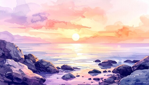 岩礁と夕景が彩るパステル水彩の海背景