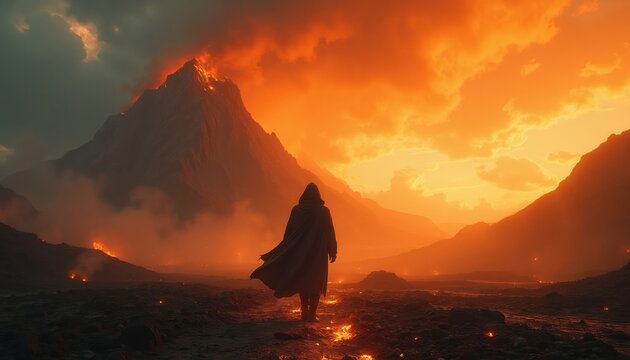 Hooded person walks on scorched land. Fiery mountain erupts with orange sky. Dramatic landscape evokes solitude and epic journey. Atmospheric scene with smoke and embers.