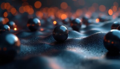 Obraz premium Dark abstract spheres on textured wavy surface. Glowing orange bokeh lights in background. Deep focus on reflective metallic balls creating a modern, dynamic composition.