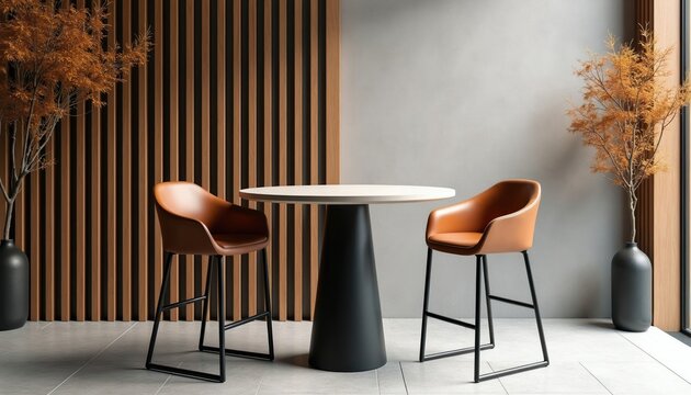 Modern bar area with tall round table and two brown leather high chairs. Minimalist interior design with wood panel wall and potted dry trees. Empty space for cafe restaurant ambiance.