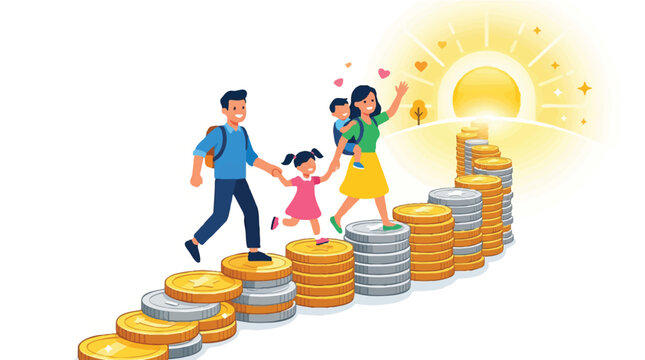 Family Financial Planning and Future Savings Concept with Parents and Children Walking on Rising Coin Stacks toward a Bright Sun, Vector Illustration