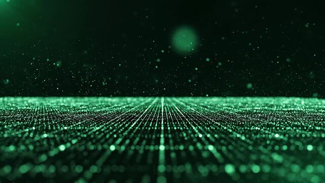 Futuristic green digital particle grid background loop