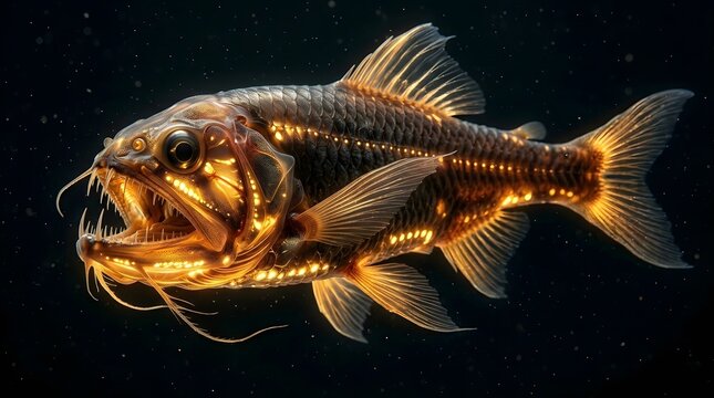 Translucent deep sea fish with bright golden bioluminescence and sharp teeth swimming against a black background.