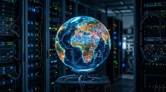 Digital Globe Displaying Africa in Server Room, Technology Visualization, High-Tech Environment, Close-Up View
