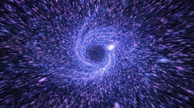 Abstract tunnel of purple and blue light rays moving toward a bright central point