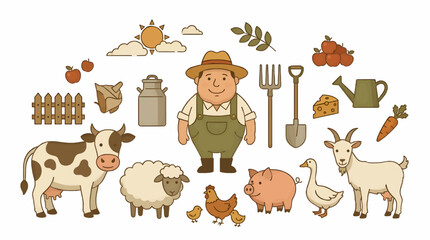 Fototapeta premium Cute Flat Design Farm Animals and Farmer with Tools and Produce, Including Cow, Sheep, Pig, Chicken, Duck, Goat, Apples, Cheese, Carrot, Watering Can, Pitchfork, Shovel, Fence, Milk Can, Sun and
