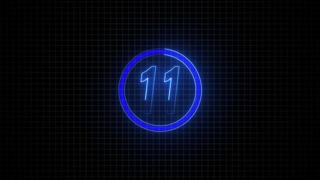 Neon blue digital countdown timer number 11 with grid background, for motion eleven