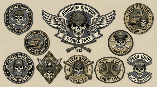 Vintage Military Emblem Collection with Skulls, Wings, Tanks, and Weapons, Featuring Airborne, Special Forces, and Infantry Units, Retro Graphic Design Elements