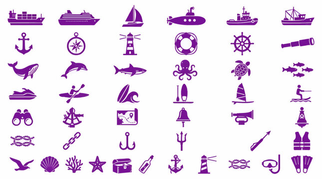 Flat Purple Vector Icons Collection: Nautical and Marine Objects, Ships, Marine Life, Water Sports, Navigation, Isolated on White Background