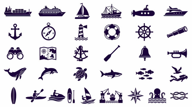 Flat Design Nautical Icons Collection, Maritime and Oceanographic Symbols in Midnight Purple, Vector Illustration