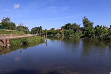 Obraz premium Idyllischer Blick auf den ruhigen Flusslauf der Saale mit grünen Uferlandschaften im Sommer, Merseburg, Saalekreis, Sachsen-Anhalt, Deutschland