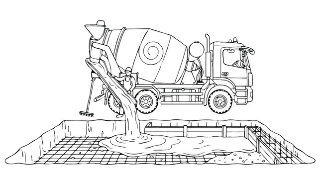 Concrete Mixer Truck Pouring Foundation at Construction Site - Line Art Illustration for Coloring Page