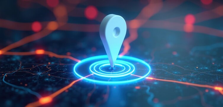 Abstract digital map interface with glowing blue pin marking location. Network lines and nodes pulse with orange light. Global positioning system concept.