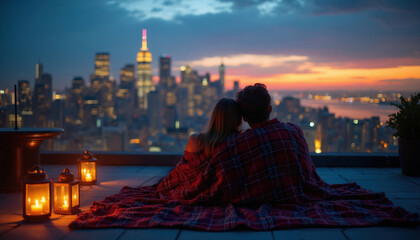 Fototapeta premium Couple sits on blanket watching city skyline at night. They are wrapped in plaid blanket with lanterns nearby. City lights twinkle, sky shows sunset colors.