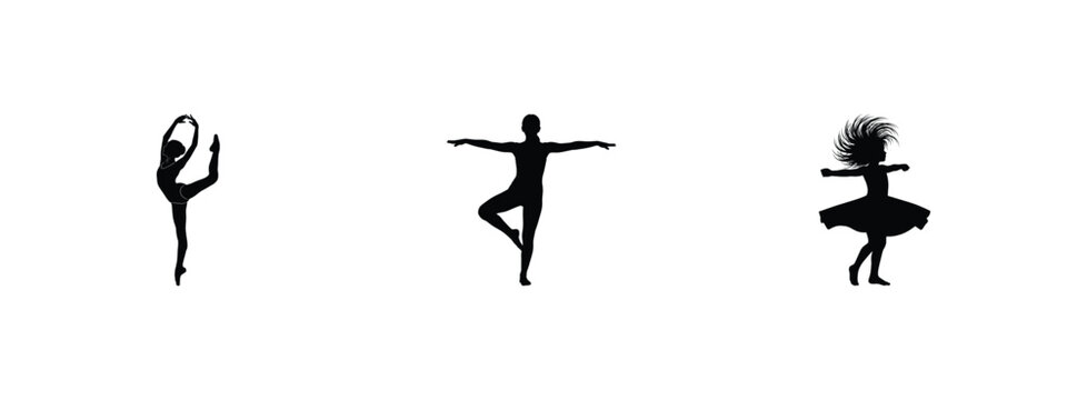 Three silhouettes of dancers in various poses against a white background.