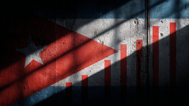 Layers of history: shadowy figures on cuba's national colors. Financial charts. Concrete wall stories: cuban flag with intricate soldier shadows. Revenue forecast. Business expansion.