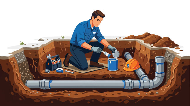 Professional Plumber Repairing Underground PVC Pipes in Trench Illustration