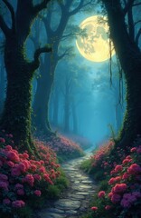 Obraz premium A stone path winds through a misty forest glowing with moonlight. Pink flowers bloom abundantly along the way, with vines hanging from ancient trees. The scene evokes wonder and enchantment.