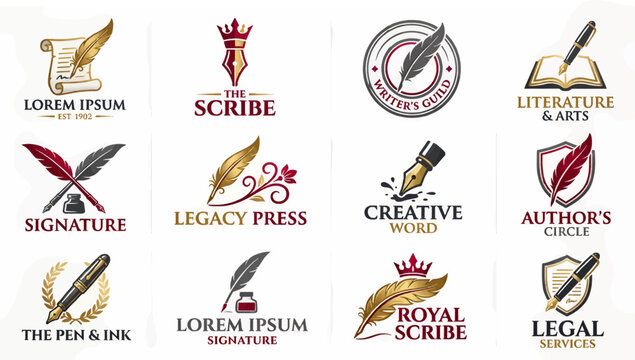 Collection of Twelve Vintage Vector Logo Designs Featuring Quill Pens, Fountain Pens, Books, Scrolls, and Inkwells, Representing Writing, Literature, and Legal Services