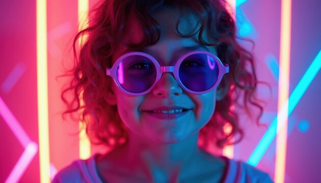 Young girl with messy curls wears big purple sunglasses, smiles mischievously. Neon lights glow in vibrant abstract geometric patterns behind her head.