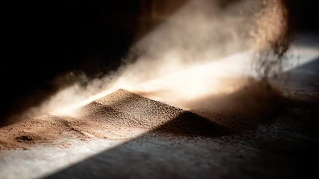 Dust or powder falls from above, creating a small mound on a textured surface. Light illuminates the particles