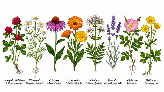 Collection of Medicinal Wild Flowers with Roots, Including Candy Apple Clover, Chamomile, Echinacea, Calendula, Valerian, Lavender, Wild Rose, and Buttercup, Vector Illustration