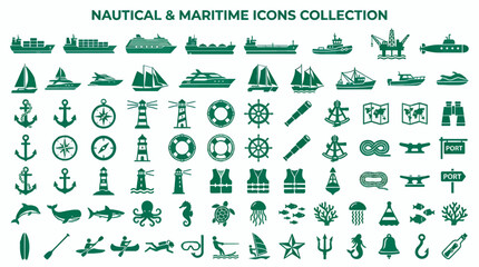 Nautical and Maritime Icons Collection: Flat Emerald Green Vector Graphics of Ships, Marine Life, Navigation Tools, and Ocean Symbols © titin