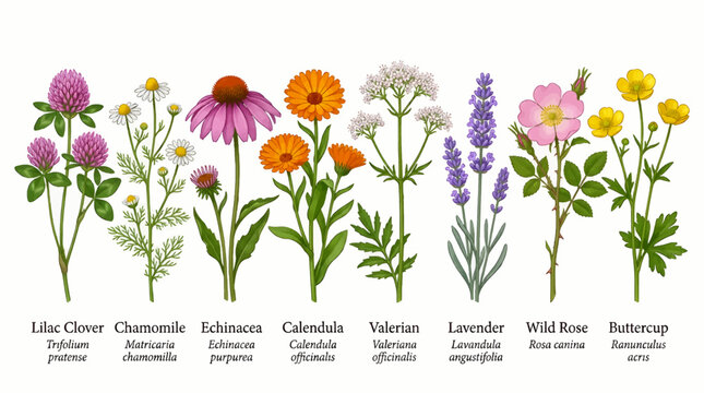 Collection of Medicinal Wild Flowers Vector Illustration: Clover, Chamomile, Echinacea, Calendula, Valerian, Lavender, Wild Rose, Buttercup on White Background