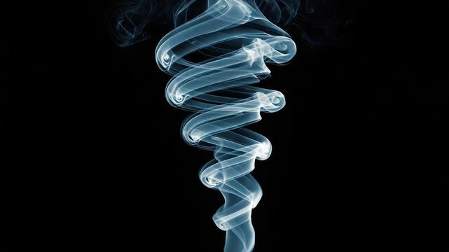 A swirling column of wispy, translucent blue-white smoke rises against a stark black backdrop