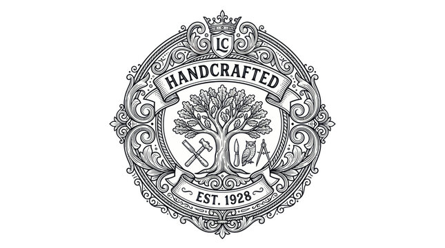 Vintage Handcrafted Emblem with Tree and Tools, Est. 1928