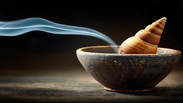 A seashell in a rustic bowl with wisps of smoke against a dark, textured background