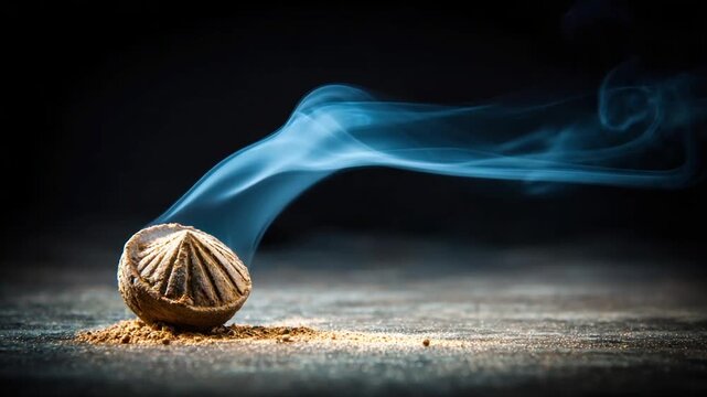 A close-up of a carved nut with wisps of blue smoke emanating against a dark background