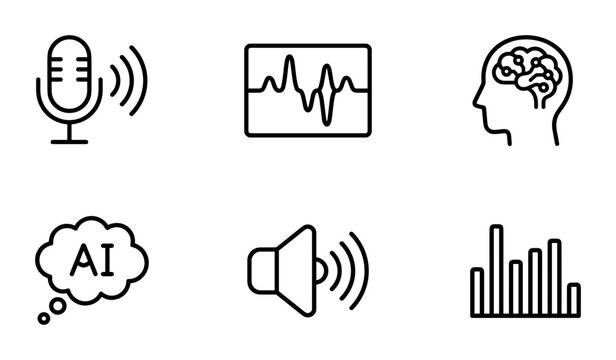 AI Voice Recognition Icons, Audio Waveform & Brain Processing Symbols, Sound Technology Set