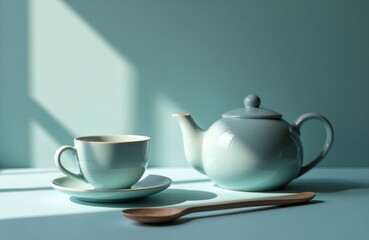 Fototapeta premium Pale blue ceramic teacup and teapot sit on table. Morning sun casts shadows through window. Wooden spoon rests nearby, suggesting calm start to day, quiet enjoyment.