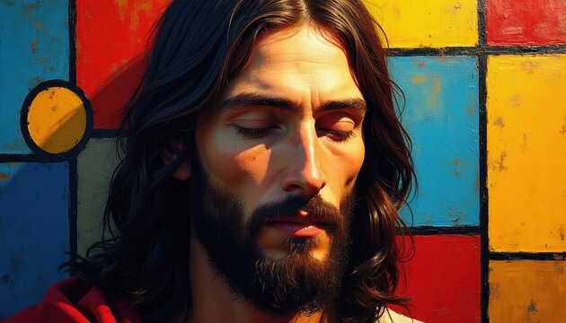 Jesus face in abstract art style with bold colors, shapes. Modern religious portrait of divinity. Calm expression, closed eyes, divine light. Spiritual artwork for contemplation. Vibrant tones create