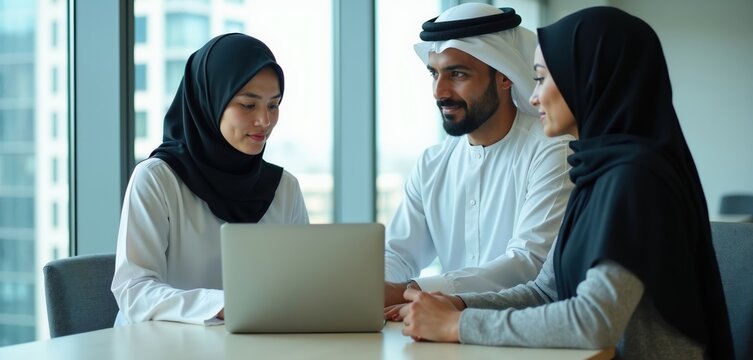 Arabian man woman collaborate on laptop at office desk near window. People work together on project using computer. Teamwork in modern business environment with natural light.