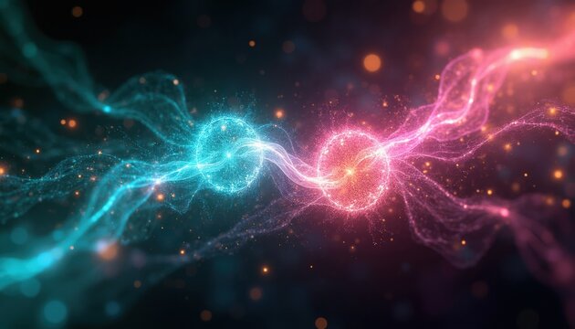 Abstract visualization of energy exchange between two glowing spheres. Particles form waves connecting vibrant blue and pink plasma orbs. Dynamic motion suggests connection, collision, or fusion.
