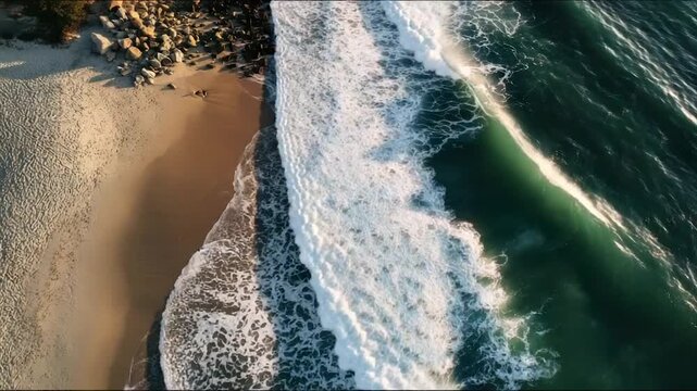 An aerial ocean view waves crashing on a sandy beach, with rocks on one side
