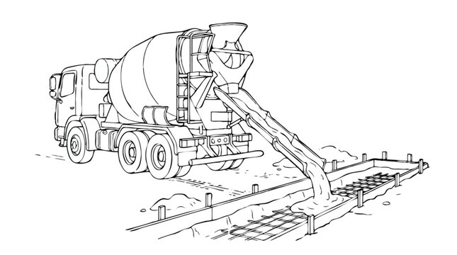 Construction Site Concrete Mixer Truck Pouring Cement into Foundation Line Art Vector for Coloring Book