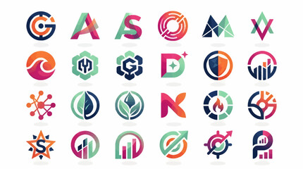 Fototapeta premium Collection of Modern Minimalist Vector Logo Icons with Geometric Shapes, Abstract Designs, and Vibrant Gradients on White Background, Clean Lines