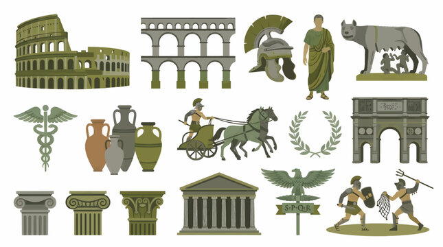 Flat Vector Icons of Ancient Roman Elements: Colosseum, Aqueduct, Gladiator, Chariot, SPQR Eagle, Columns, Amphorae, and Romulus and Remus